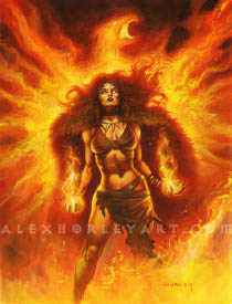 Firehair stands upright, summoning fire around her, with the shape of a Phoenix made of flames visible behind her. She is a young-looking woman holding two flames in her hands, and she looks up towards the sky. She wears a heavy fur mantle and minimal, tattered clothing otherwise, with a fanged necklace. Her hair and cloak seem to be rising up around her, as if she is welling up with burning power, surrounded by flaming energy.