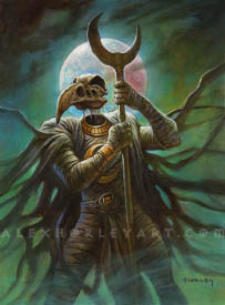 Khonshu grips a crescent moon staff tightly with both hands in front of a moonlit sky. He has a giant bird skull for a head, which is floating above an empty neck hole. His body is otherwise wrapped in white cloth, like an embalmed corpse, with a cloak made of strands of fabric spreading out around him. He wears gold decorations on his chest, including a large crescent moon symbol, as well as a bracer on one arm. The eyeholes of his skull appear to be narrowed, giving him a fearsome appearance. Behind him is a cloudy night sky with a full moon visible.