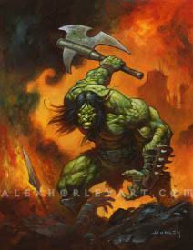 Skaar is a muscular, long haired man with green skin, crouching over a fiery battlefield. His metal axe is swung far back, his hair following, as if he is finishing a brutal cut. His teeth are gritted, and he wears spiked leather bracers, a metal and fur loincloth, and armored fur boots. Veins are visibly popping out of his tensed muscles, and he appears poised to strike again. Underneath him is cracked stone, a spear stuck in the ground, and a bleeding hand reaching up towards him, apparently from a downed fighter.