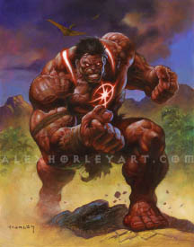 Starbrand lunges forward, baring his fists and gritted teeth. He has a build similar to the Incredible Hulk, but his skin is blood-colored, his eyes burn brightly with energy, and he has a glowing sigil engraved into his chest, as well as two bright fang-like marks wrapping over his back and shoulders. He wears a loincloth and several leather straps, and has short black hair. His heavy footfalls kick up small rocks, and around him is a sandy beach, with a rainforest behind him.