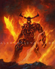 Surtur is a huge, fiery giant with a flaming sword and wide horns. His muscular body seems to be made from cracked magma, and his mouth and eyes are full of glowing heat. Gouts of flame rise from his sword, shoulders, and head, and his free arm ends in a clawed hand at his side. Below him is a blasted landscape of dark rock, with smoke and flame rising in diagonal lines around him, pushed by the harsh wind. In the background is dark smoke, illuminated by fire.