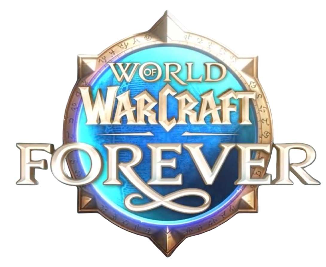 The logo for World of Warcraft: Forever. A globe of Azeroth, framed by a metal portal, with the game title overlaid on top. The first 'R' in Forever is swirled into an infinity symbol underneath the text.